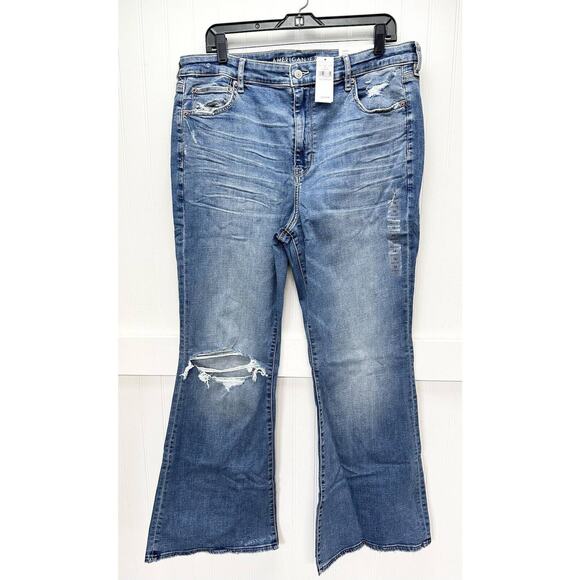 American Eagle Super Hi-Rise Flare Jeans 16 Stretch Blue Denim Distressed NEW - Picture 6 of 11